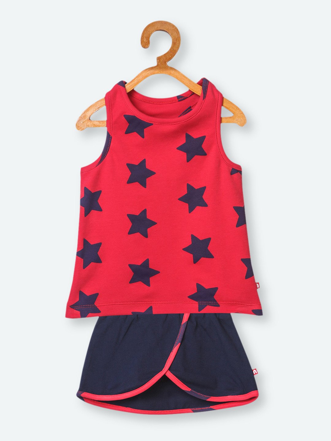 Organic Cotton Sleeveless Red Color & Black Star Print Tank Top And Skirt